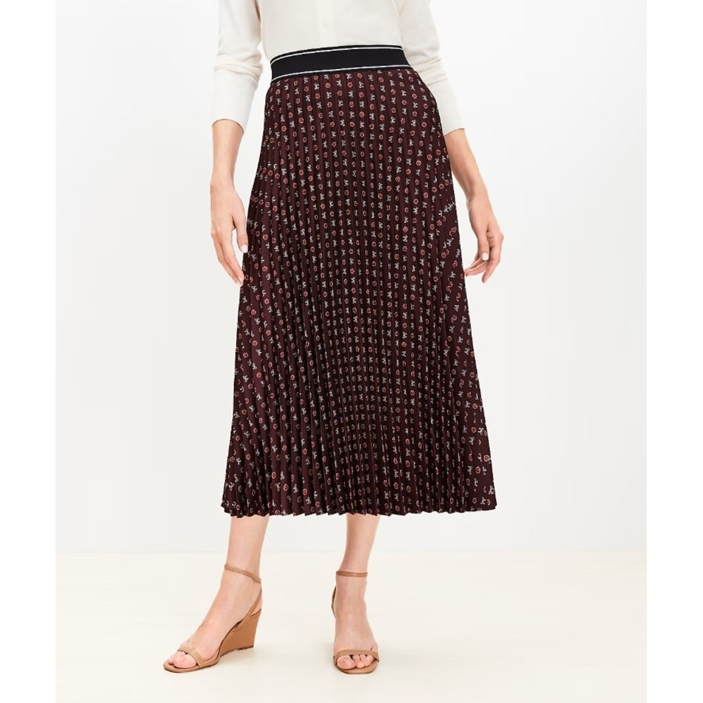 New LOFT size Large Brown Tall Bow Pleated Midi Skirt Preppy Office